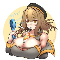  anis_(nikke) bare_arms bare_shoulders between_breasts black_shorts bladeless_fan breasts brown_eyes brown_hair can cleavage couch drink drink_can drinking_straw female fingernails goddess_of_victory:_nikke hair_between_eyes hand_fan holding holding_fan huge_breasts jacket kuronekozero looking_at_viewer on_couch open_clothes open_jacket shirt short_hair shorts sidelocks sitting sleeveless sleeveless_shirt soda_can solo 