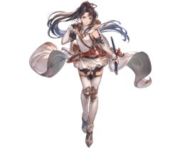  belt black_hair blue_eyes boots bow_(weapon) dress female full_body granblue_fantasy hand_up holding hood hood_down lips long_hair looking_at_viewer minaba_hideo official_art parted_lips ponytail quiver shitori_(granblue_fantasy) short_dress sleeveless solo standing sword thigh_boots thighhighs transparent_background turtleneck weapon 