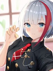  absurdres admiral_graf_spee_(azur_lane) admiral_graf_spee_(girl&#039;s_sunday)_(azur_lane) azur_lane blue_eyes blunt_bangs bugles_(food) bugles_on_fingers closed_mouth commentary_request dress female firin food_on_hand grey_hair highres looking_at_viewer multicolored_hair necktie official_alternate_costume red_hair short_hair sidelocks solo streaked_hair 