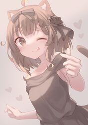  :p absurdres ahoge animal_ear_fluff animal_ears annin_miru bare_arms bare_shoulders black_bow black_dress blunt_bangs bow breasts brown_background brown_eyes brown_hair cat_ears cat_girl cat_tail closed_mouth collarbone dress dutch_angle female flower hair_flower hair_ornament hairbow hairclip hands_up heart highres indie_virtual_youtuber light_blush looking_at_viewer maka_neko medium_hair off-shoulder_dress off_shoulder one_eye_closed rose sidelocks simple_background small_breasts smile solo tail tail_raised tongue tongue_out upper_body virtual_youtuber x_hair_ornament 