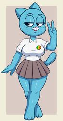  anthro blue_body blue_fur cartoon_network clothed clothing curvy_figure decorative_pin domestic_cat felid feline felis female fur hi_res huitu_c mammal mature_female nicole_watterson solo the_amazing_world_of_gumball thick_thighs voluptuous wide_hips 