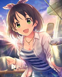  black_hair bow bracelet coffee coffee_mug cup denim denim_shorts dress_shirt female giving green_eyes hairbow harada_miyo holding holding_cup idolmaster idolmaster_cinderella_girls jewelry lens_flare looking_at_viewer motor_vehicle mountain mountaintop mug necklace official_art open_mouth outdoors recreational_vehicle see-through shirt short_hair shorts side-view_mirror smile solo striped_tank_top sunlight sunrise table tank_top unbuttoned unbuttoned_shirt white_shirt 