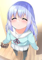  ^_^ absurdres black_pantyhose blue_eyes blue_shirt blush braid cacao_(chocolat) closed_eyes collarbone commentary_request facing_viewer female gochuumon_wa_usagi_desu_ka? hair_between_eyes highres holding hoto_cocoa&#039;s_school_uniform incoming_kiss indoors kafuu_chino long_hair long_sleeves neck_ribbon no_shoes pantyhose parted_lips pleated_skirt purple_hair red_ribbon ribbon sailor_collar school_uniform serafuku shirt skirt sleeves_past_wrists solo standing twin_braids white_sailor_collar white_skirt wooden_floor wrapped_bento 