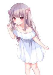  arm_at_side bare_shoulders blush bow breasts brown_hair clenched_hand closed_mouth collarbone curly_hair dress dress_bow eyelashes feet_out_of_frame female hairbow hand_in_own_hair hand_up highres index_finger_raised leaning_forward long_hair looking_at_viewer maka_neko mole mole_under_eye nail_polish off-shoulder_dress off_shoulder original pink_bow pink_nails red_eyes short_dress sidelocks simple_background small_breasts smile solo standing two_side_up white_background white_dress 