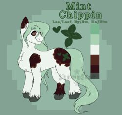  brown_body brown_eyes cutie_mark digital_media_(artwork) earth_pony english_text equid equine fan_character feral friendship_is_magic green_hair hair hasbro hi_res hooves horse looking_at_viewer male mammal mistystar model_sheet my_little_pony neopronouns pony pronouns simple_background smile solo standing text white_body 