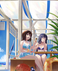  2girls bad_id bad_pixiv_id beach bikini blue_bikini blue_sky bracelet brown_eyes brown_hair chopsticks closed_eyes commentary_request covering_own_mouth day eating half_updo hinoshita_akame ice_cream_cone idolmaster idolmaster_million_live! idolmaster_million_live!_theater_days inflatable_toy jewelry kasuga_mirai long_hair medium_hair mogami_shizuka multiple_girls necklace outdoors purple_bikini purple_hair sitting sky swimsuit wristband 