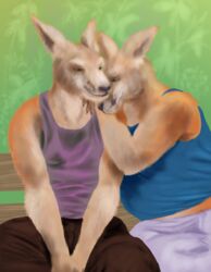  2019 anthro awkward bench clothed clothing cuddling digital_media_(artwork) divdurvart duo ears_back fully_clothed fur furniture hi_res holding_another macropod male male/male mammal marsupial nuzzling orange_body orange_fur outside park park_bench pivoted_ears raised_arm shirt shy sitting slightly_chubby smile tank_top topwear 