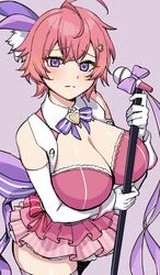  absurdres ahoge bare_shoulders breasts bustier cleavage crossed_bangs female gloves guardian_tales hair_ornament highres holding idol idol_captain_eva large_breasts looking_at_viewer period_(anony_83) pink_hair purple_eyes purple_ribbon ribbon short_hair simple_background solo white_gloves 