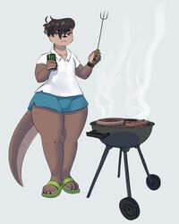  2022 4:5 anthro barbecue barbecue_fork barbecue_grill beef beverage bottomwear clothed clothing collared_shirt cutlery energy_drink flip_flops food footwear fork fully_clothed hi_res holding_fork holding_object holding_tool i_just_wanna_grill kitchen_utensils male mammal meat monster_energy mr-shin mustelid otter product_placement river_otter sandals shin_(mr-shin) shirt shorts simple_background solo spatula steak tools topwear 