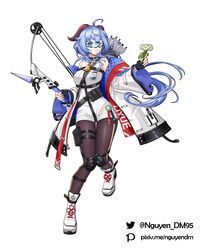  absurdres adapted_weapon ahoge amos&#039;_bow_(genshin_impact) arknights bare_shoulders black_choker black_gloves blue_hair bow_(weapon) brown_pantyhose choker coat compound_bow crossover dm_(nguyen_dm95) dress female fingerless_gloves floating_hair flower full_body ganyu_(genshin_impact) genshin_impact gloves goat_horns goggles harness highres holding holding_bow_(weapon) holding_weapon horns long_hair long_sleeves looking_at_viewer low_ponytail off_shoulder open_clothes open_coat pantyhose qingxin_flower quiver shoes sleeveless sleeveless_dress solo strap vision_(genshin_impact) weapon white_coat white_dress white_flower white_footwear wide_sleeves 