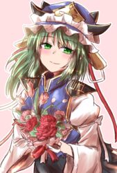  blush bouquet commentary epaulettes female flower green_eyes green_hair hat hat_ribbon highres looking_at_viewer oshiaki pink_background ribbon shiki_eiki simple_background smile solo touhou vest wide_sleeves 