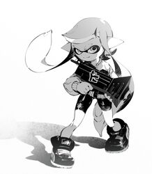  bike_shorts blunt_bangs closed_mouth commentary cross-laced_footwear female full_body greyscale high_tops holding holding_weapon inkling inkling_girl inkling_player_character jacket long_hair long_sleeves looking_at_viewer monochrome pointy_ears shadow shoes smile sneakers solo splatoon_(series) splatoon_2 splattershot_jr_(splatoon) standing tentacle_hair wadanaka weapon 