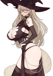  animal_ears bangs bare_shoulders black_dress black_headwear black_legwear blonde_hair blush breasts brown_eyes cleavage cleavage_cutout clothing_cutout dress earrings evan_yang female fox_ears fox_tail glasses hat highres jewelry large_breasts long_hair looking_at_viewer original smile solo tail thighhighs thighs witch_hat 