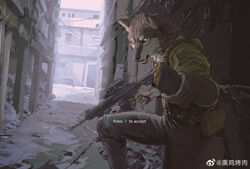  anthro ar_platform bullet canid canine canis chinese_text city clothed clothing english_text fur gameplay_mechanics grey_body grey_fur gun hi_res hk416 holding_gun holding_object holding_ranged_weapon holding_rifle holding_weapon looking_at_viewer magazine_(gun) male mammal military multicolored_body ranged_weapon rifle soldier solo text two_tone_body urban warrior weapon white_body white_fur wolf yellow_eyes yoshi.kaoru 