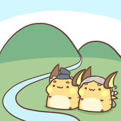  1:1 2019 blush blush_stickers clothing countershading digital_media_(artwork) duo feral full-length_portrait generation_1_pokemon grey_hair hair hat headgear headwear hill low_res mostly_nude nintendo orange_body outline outside pokemon pokemon_(species) portrait raichu rairai-no26-chu river yellow_blush 