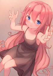  arms_up bare_arms black_dress blue_eyes blush breasts brown_background collarbone commentary curly_hair dress feet_out_of_frame female from_above furrowed_brow hair_between_eyes highres knees_together_feet_apart long_hair looking_at_viewer looking_up maka_neko messy_hair original outstretched_hand parted_lips pink_hair short_dress simple_background sleeveless sleeveless_dress small_breasts solo swept_bangs very_long_hair wavy_hair 