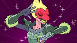  16:9 amphibia_(series) amphibian anthro armor blonde_hair disney female general_yunan grey_armor hair hatebit jojo&#039;s_bizarre_adventure meme pink_body plate_armor salamander simple_background soldier_uniform solo sparkles widescreen 