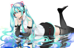  aqua_eyes aqua_hair aqua_nails aqua_necktie bare_shoulders black_skirt black_sleeves black_thighhighs commentary detached_sleeves female finger_to_mouth finger_to_own_chin hair_ornament hatsune_miku hatsune_miku_(vocaloid4) headphones headset long_hair looking_at_viewer lying meriko miniskirt nail_polish necktie on_stomach pleated_skirt reflection shirt skindentation skirt sleeveless sleeveless_shirt solo the_pose thighhighs twintails v4x very_long_hair vocaloid white_shirt zettai_ryouiki 