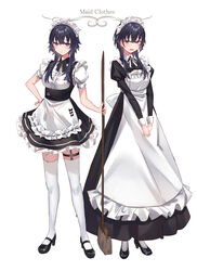  absurdres alternate_costume apron black_dress black_footwear black_hair blue_hair broom dress enmaided female frilled_apron frills full_body garter_straps hair_between_eyes highres hikari_yui ichinose_uruha loafers long_hair long_sleeves looking_at_viewer lupinus_virtual_games maid maid_apron maid_headdress multicolored_hair puffy_long_sleeves puffy_short_sleeves puffy_sleeves purple_eyes shoes short_dress short_sleeves simple_background standing streaked_hair thigh_strap thighhighs v_arms virtual_youtuber vspo! waist_apron white_apron white_background white_thighhighs 