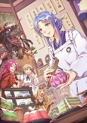  5girls ahoge alternate_hairstyle apron artoria_pendragon_(fate) bag blonde_hair blue_eyes blue_hair bone braid braided_bun commentary cup dinosaur doll fate/extra fate/grand_order fate/requiem fate/stay_night fate_(series) food francis_drake_(fate) green_eyes hair_bun hair_ornament hair_up hairpin heart heart_ahoge horns ibaraki_douji_(fate) kappougi kijo_kouyou_(fate) kijo_kouyou_(first_ascension)_(fate) medea_(fate) multiple_girls one_eye_closed oni oni_horns photoshop_(medium) pink_hair pointy_ears ponytail radish ribbon richard_suwono saber_(fate) scar scar_on_face sharp_teeth single_hair_bun sweets teeth tsunokakushi vegetable yellow_eyes 