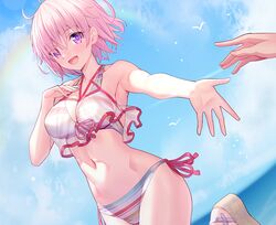  bikini blush breasts cleavage clouds cropped fate/grand_order fate_(series) mash_kyrielight pink_hair purple_eyes ririko see_through short_hair sky swimsuit waifu2x water 