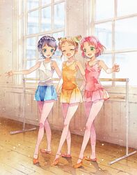  3girls :d ^_^ aikatsu! aikatsu!_(series) arisugawa_otome ballerina ballet_slippers black_hair blue_eyes brown_hair closed_eyes collarbone cone_hair_bun girl_sandwich green_eyes hair_bun hands_on_another&#039;s_hips highres kamiya_shion katou_akatsuki kitaoji_sakura leotard looking_at_another looking_to_the_side multiple_girls open_mouth pantyhose pink_hair sandwiched shadow smile standing window wooden_floor 