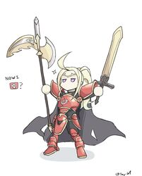  alternate_costume armor axe cape character_name chibi circlet female fire_emblem fire_emblem_awakening fire_emblem_heroes full_body green_hair highres holding holding_axe holding_sword holding_weapon jitome long_hair no_mouth nowi_(fire_emblem) purple_eyes ragnell red_armor saiykik simple_background sinmara_(fire_emblem) solo standing sword weapon white_background 