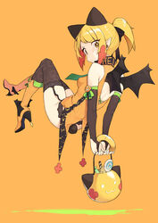  animal_ears black_thighhighs blonde_girl_(cloba) blonde_hair blush boots breasts bright_pupils candy candy_cane cloba commentary_request earrings female food hair_ornament hair_ribbon halloween halloween_bucket halloween_costume highres jewelry legs long_hair orange_theme original ribbon short_ponytail small_breasts solo thighhighs wings yellow_eyes 