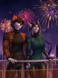  2022 anthro black_hair black_nose breasts canid canine canis clothed clothing detailed_background digital_media_(artwork) duo elvofirida eyebrows eyelashes female fireworks fish fox fur grey_body grey_skin hair hand_holding hi_res holidays humanoid_hands hybrid kamikaze_otium laguna_silverjaw male male/female mammal marine multicolored_body multicolored_fur new_year night orange_body orange_fur outside romantic romantic_ambiance romantic_couple shark sky smile star starry_sky story story_in_description two_tone_body two_tone_fur wolf yellow_eyes 