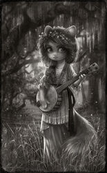  accessory anthro banjo_(instrument) biped clothed clothing digital_media_(artwork) domestic_cat dress felid feline felis female flower flower_crown flower_in_hair forest full-length_portrait fully_clothed greyscale hair hair_accessory holding_banjo holding_musical_instrument holding_object lace lackadaisy mammal mitzi_may monochrome musical_instrument plant plucked_string_instrument portrait solo standing string_instrument tracy_j._butler tree whiskers 