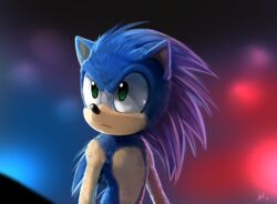  1boy animal_ears animal_nose artist_name blue_fur blue_hair blurry blurry_background body_fur closed_mouth commentary dated english_commentary furry furry_male green_eyes highres long_hair looking_up male_focus signature skeleion solo sonic_(live_action) sonic_(series) sonic_the_hedgehog sonic_the_hedgehog_(film) two-tone_fur upper_body yellow_fur 