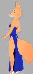  2022 4_fingers anthro biped blue_clothing blue_dress canid canine canis cheek_tuft clothed clothing diane_foxington digital_media_(artwork) dreamworks dress ears_front ears_up eyebrow_piercing eyebrows eyelashes facial_piercing facial_tuft female fingers fluffy footwear fox fox_tail fur hi_res high_heels jewelry looking_at_viewer looking_back mammal necklace nexco_fgmb orange_body orange_fur piercing pink_nose plantigrade red_fox shoes simple_background slit_dress solo standing the_bad_guys true_fox tuft white_clothing white_footwear white_shoes 