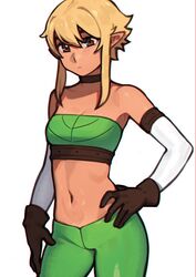  bandeau blonde_hair breasts brown_eyes brown_gloves choker cowboy_shot crop_top elf elfheim female gloves green_bandeau green_pants hand_on_own_hip looking_at_viewer midriff navel nil_sunna original pants pointy_ears short_hair_with_long_locks simple_background small_breasts solo strapless sunna_(nilsunna) tube_top white_background 