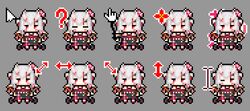  ? chibi cursor cursor_(medium) female flower grey_background hair_flower hair_ornament hololive horns japanese_clothes kimono long_hair looking_to_the_side morinaga_kokoa multiple_views nakiri_ayame nakiri_ayame_(1st_costume) one_eye_closed oni pixel_art red_eyes skin-covered_horns virtual_youtuber white_hair 