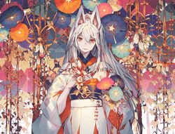  animal_ears artist_name bad_id bad_pixiv_id dated female flower fox_ears hair_between_eyes highres holding holding_flower japanese_clothes kimono lemming_no_suana long_hair looking_at_viewer original pale_skin red_eyes solo standing white_hair white_kimono wide_sleeves 