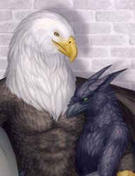  2022 accipitrid accipitriform alcander anthro athletic avian bald_eagle beak bird black_beak black_body black_feathers brown_body brown_feathers corvid corvus_(genus) cuddling duo eagle european_mythology fanged_beak feathers fridaflame greek_mythology green_eyes hi_res hippogriff holding_each_other male male/male mythological_avian mythological_creature mythology oscine passerine pentazer raven sea_eagle sitting size_difference white_body white_feathers wings yellow_beak yellow_eyes 