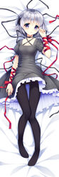  bed_sheet black_dress black_pantyhose black_ribbon breasts choker collarbone criss-cross_halter dakimakura_(medium) dress female from_above full_body grey_hair hair_between_eyes halterneck kagari_(rewrite) looking_at_viewer lying medium_hair no_shoes on_back open_mouth pantyhose purple_eyes rewrite ribbon ribbon_choker shiny_clothes shiny_legwear short_dress short_sleeves small_breasts solo triangle_mouth wrist_ribbon xia_xiang_(ozicha) 