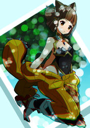  absurdres animal_ears blunt_bangs bodysuit breasts cat_ears chest_jewel facial_mark female gloves grey_hair highena highleg highleg_leotard highres leotard nia_(blade)_(xenoblade) nia_(xenoblade) short_hair small_breasts solo spoilers white_gloves xenoblade_chronicles_(series) xenoblade_chronicles_2 yellow_bodysuit yellow_eyes 