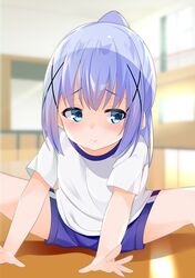  absurdres blue_eyes blue_hair blue_shorts blurry blurry_background blush cacao_(chocolat) closed_mouth commentary_request depth_of_field feet_out_of_frame female gochuumon_wa_usagi_desu_ka? gym_shirt gym_shorts gym_uniform hair_ornament high_ponytail highres indoors kafuu_chino long_hair outstretched_arms ponytail shirt short_shorts short_sleeves shorts solo spread_legs white_shirt x_hair_ornament 