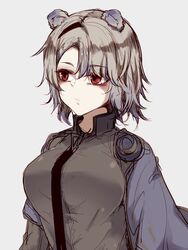  absinthe_(arknights) animal_ears arknights bear_ears bear_girl black_jacket black_necktie blush closed_mouth commentary_request expressionless female grey_hair highres hourai_kochou jacket looking_away necktie red_eyes simple_background solo upper_body white_background 