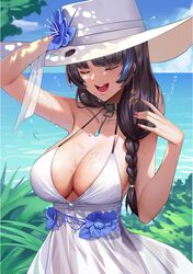  absurdres bare_shoulders belt_collar bikini black_hair blue_hair braid breasts cleavage closed_eyes cloud collar collarbone day earrings female flower gaosu_gong_lu goddess_of_victory:_nikke hat hat_flower highres jewelry large_breasts mary_(bay_goddess)_(nikke) mary_(nikke) multicolored_hair nail_polish open_mouth side_braid streaked_hair sun_hat sweat swimsuit thighs white_bikini white_headwear 