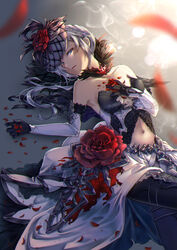  blue_eyes capelet clothing_cutout dress elbow_gloves feathers female flower fur-trimmed_capelet fur_trim gloves hand_on_own_chest headdress kyashii_(a3yu9mi) looking_at_viewer navel_cutout open_mouth parted_lips petals red_flower rose short_hair sidelocks sinoalice smoke snow_white_(sinoalice) solo thighhighs veil white_hair 