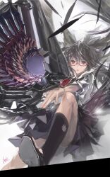  alternate_weapon arm_cannon bespectacled black_feathers black_hair black_socks commentary_request feathers female glasses highres lin+ long_hair red-framed_eyewear red_eyes reiuji_utsuho socks solo touhou weapon 