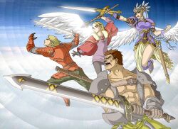  2boys 2girls angel_wings armor arngrim blonde_hair blue_armor blue_eyes braid breastplate breasts brown_eyes brown_hair cloud commentary_request day feathered_wings feathers gauntlets gloves jelanda lenneth_valkyrie long_hair lucian_(valkyrie_profile) medium_breasts multiple_boys multiple_girls obstinate_melon pantyhose pauldrons scabbard scar scepter sheath shoulder_armor silver_hair single_braid sky sword valkyrie_profile_(series) very_long_hair weapon wings 