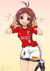  antenna_hair blush_stickers bob_cut breasts brown_eyes brown_hair cleats double_v female hidaka_ai idolmaster idolmaster_dearly_stars inoue_sora j._league medium_breasts open_mouth photoshop_(medium) short_hair shorts soccer soccer_uniform solo sportswear urawa_red_diamonds v white_shorts wristband 