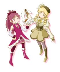  2girls bad_id bad_pixiv_id bare_shoulders beret blonde_hair boots curry detached_sleeves drill_hair food hat highres kyuubee long_hair magical_girl mahou_shoujo_madoka_magica mahou_shoujo_madoka_magica_(anime) multiple_girls o_o plate pouring red_eyes red_hair red_legwear sakura_kyoko sakura_kyoko_(magical_girl) senju_rion skirt smile striped_clothes striped_thighhighs thighhighs tomoe_mami tomoe_mami_(magical_girl) twin_drills twintails vertical-striped_clothes vertical-striped_thighhighs zettai_ryouiki 