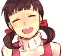  blush brown_hair closed_eyes commentary doujima_nanako female goodbye open_mouth persona persona_4 photoshop_(medium) ribbon saeuchobab smile solo sweater sweater_vest turtleneck twintails 