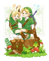  2boys animal_ears ar_(rikuesuto) belt blonde_hair blue_eyes commentary_request deku_shield fairy gloves hat highres hylian_shield link multiple_boys navi painttool_sai_(medium) pointy_ears rabbit_ears shield shield_on_back smile sword the_legend_of_zelda the_legend_of_zelda:_ocarina_of_time time_paradox weapon wooden_shield young_link 