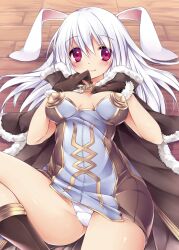  animal_ears bad_id bad_pixiv_id black_gloves black_socks blush breasts breasts_apart cameltoe cape commentary_request female fur_trim gloves high_wizard_(ragnarok_online) kneehighs long_hair looking_at_viewer lying medium_breasts on_back on_floor panties pantyshot purple_eyes rabbit_ears ragnarok_online shiny_skin smile socks solo sorai_shin&#039;ya underwear white_hair white_panties 