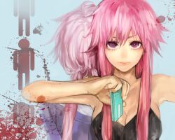  back-to-back bad_hands bad_id bad_pixiv_id bare_shoulders blood blood_splatter breasts cellphone dual_persona eyelashes female gasai_yuno highres lips long_hair looking_at_viewer medium_breasts mirai_nikki phone pink_eyes pink_hair tcb upper_body 